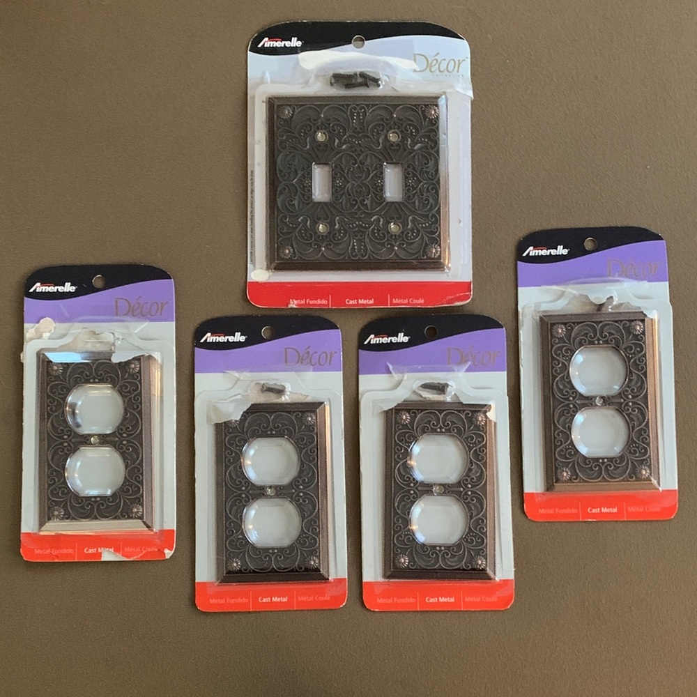 Amerelle decorative cast metal outlet covers (4) & double light switch cover (1)